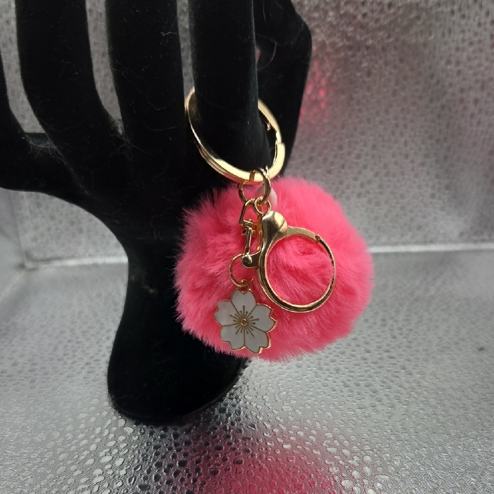 Keychain, Pink Pom Pom  with Flower Charm